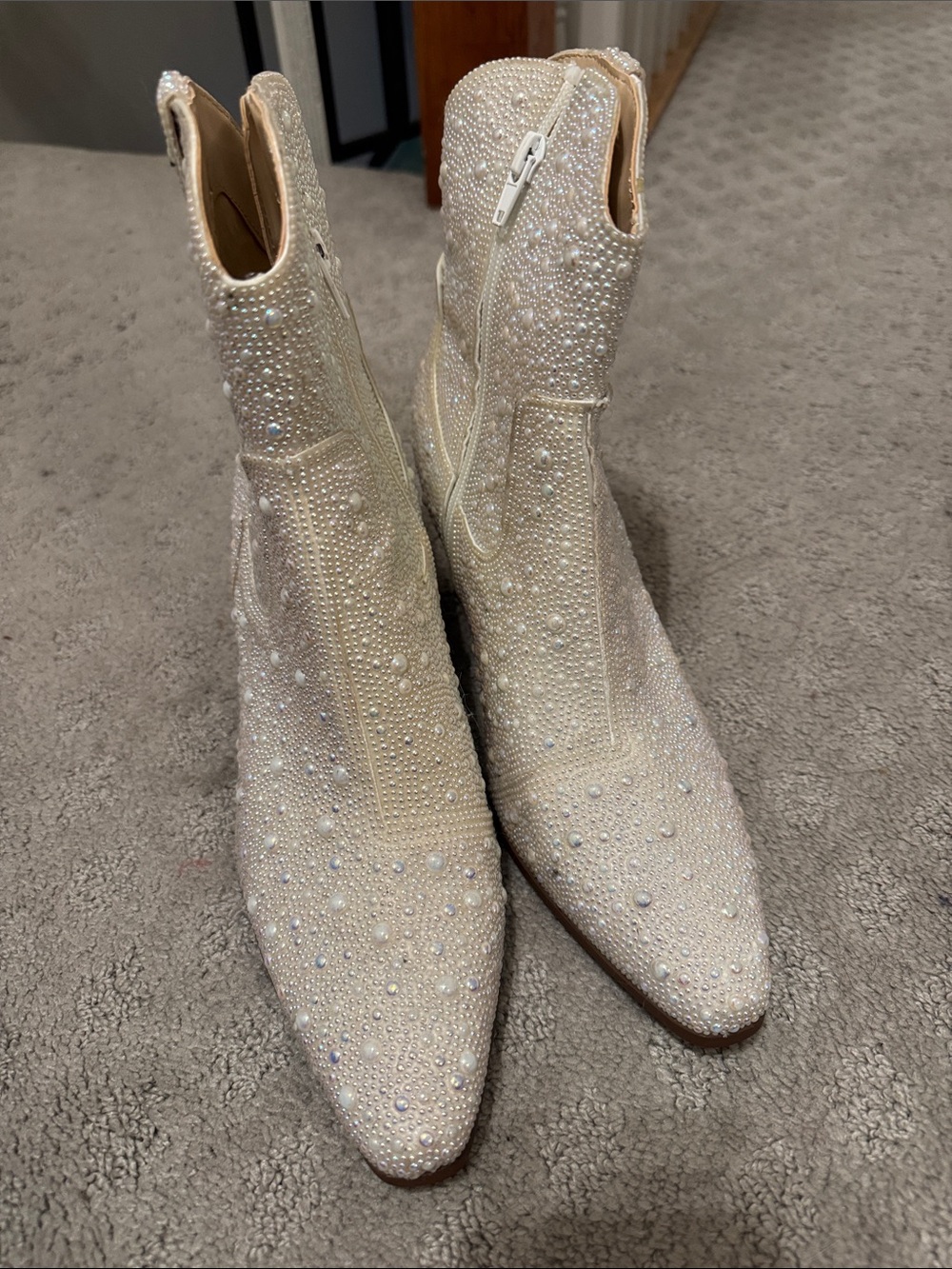 Betsey Johnson Pearl & Crystal Embellished Ivory Ankle Boots
